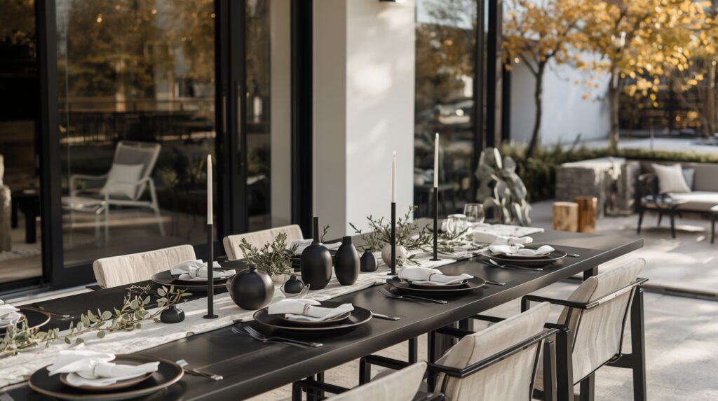 Modern minimalist Thanksgiving table with black accents, greenery garland, white napkins, and matte black candles on a sleek outdoor dining table.