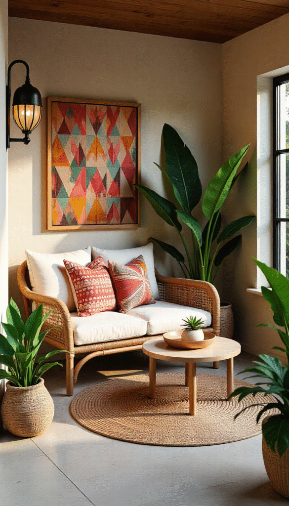 Boho neutral living room decorated with layered textiles, houseplants, wooden shelves, and warm natural light