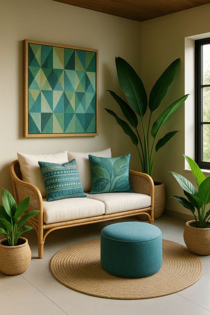 Bright cozy living room with beige sectional sofa, blue and pink throws, woven textures, and indoor plants.