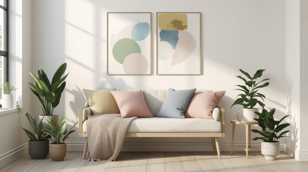 Boho reading nook with aglaonema, philodendron, pothos, and ZZ plant in woven baskets and hanging planters.