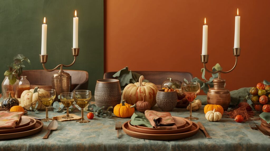 Elegant contemporary Thanksgiving table featuring gold accents, eucalyptus greenery, neutral pumpkins, and layered modern dinnerware.