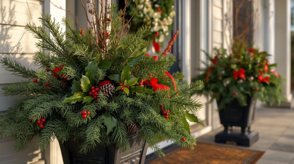 green and red christmas front porch planter