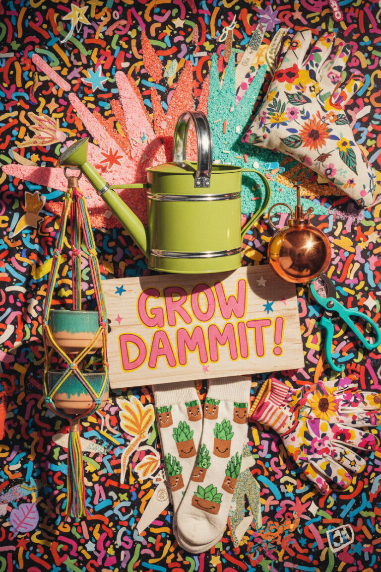 Maximalist, colorful flat-lay of cheeky gifts for garden lovers featuring a vivid patterned background, watering can, plant-themed socks, floral gloves, pruning shears, and a sassy garden sign — perfect for a garden lover gift guide under $25.