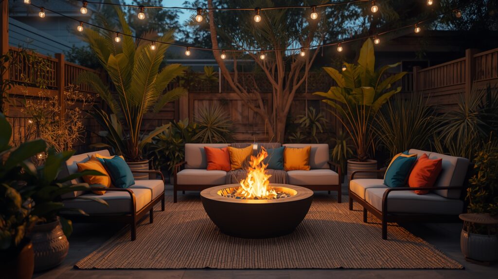 Modern backyard fire pit seating area with neutral sofas, bold colorful pillows in teal and mustard, tropical greenery, and string lights overhead.
