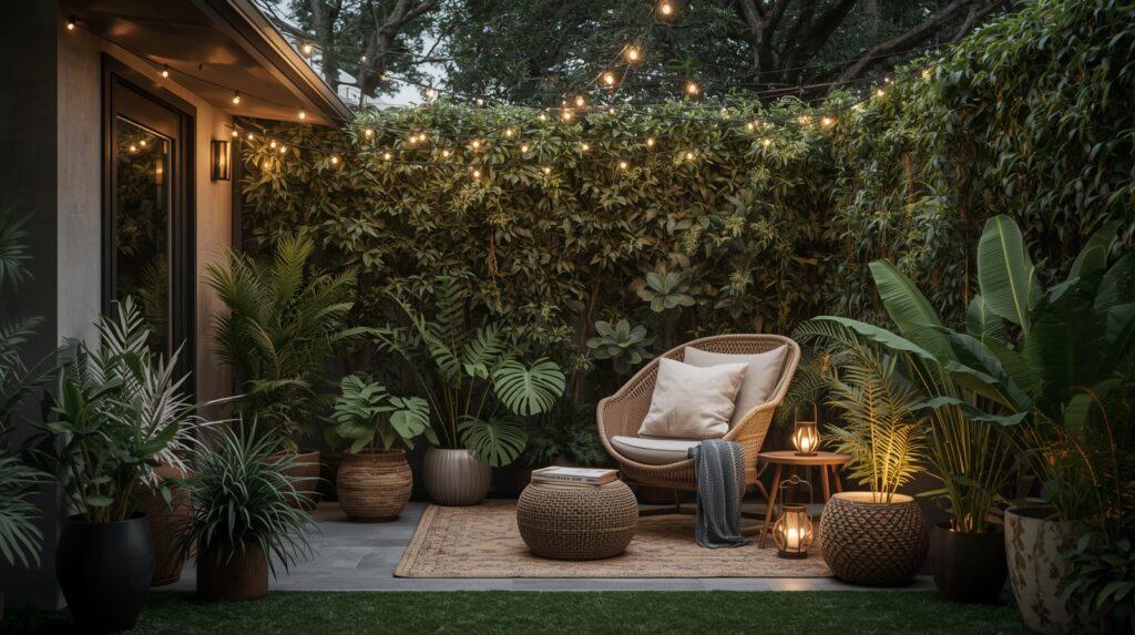 boho garden nook with reading chair lush planting