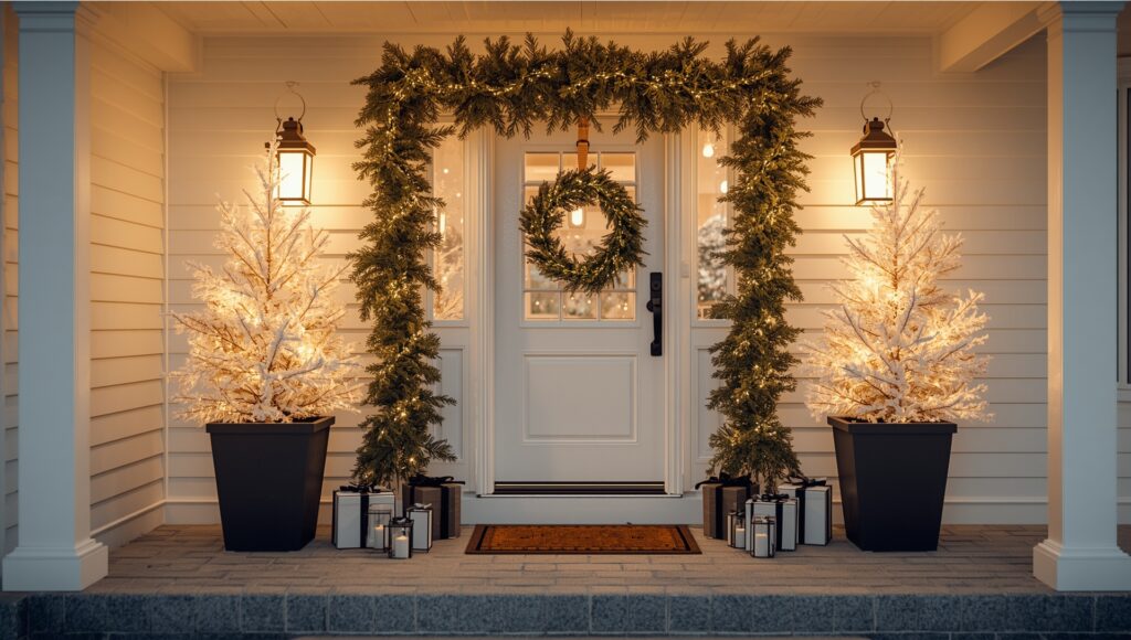 Modern black and white Christmas porch decor with white pre-lit trees in black planters, warm lantern lighting, and a minimalist holiday wreath