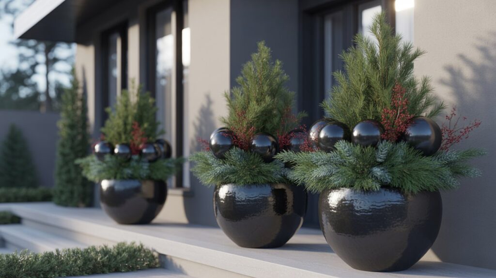 Elegant black Christmas porch planters with evergreens, black ornaments, and red berries on a modern front porch.