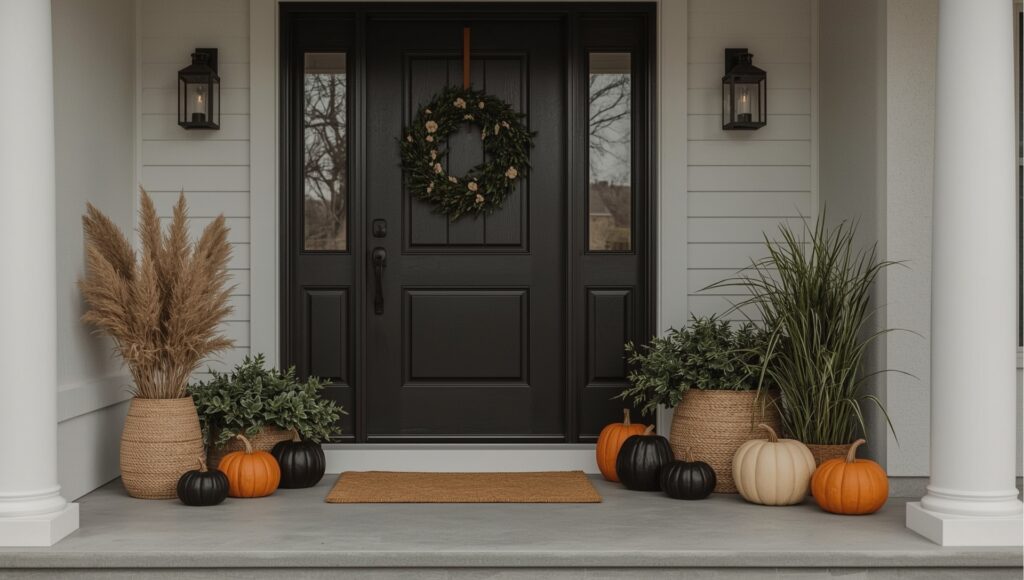 fall front porch decor ideas blac orange