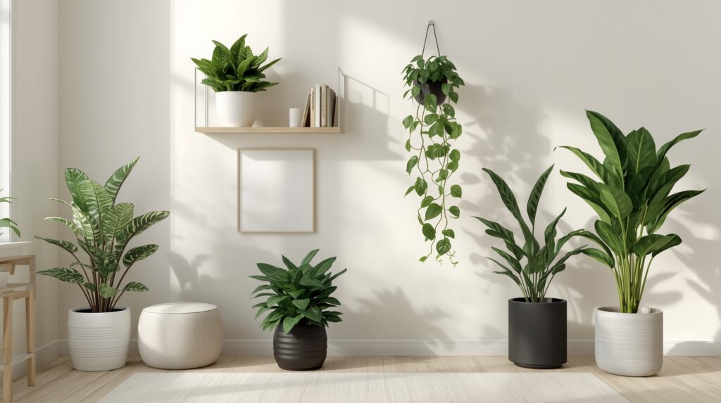 Indoor boho lounge with layered cushions, natural textures, and a collection of beginner-friendly indoor plants.