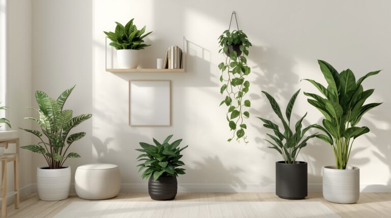 Indoor boho lounge with layered cushions, natural textures, and a collection of beginner-friendly indoor plants.