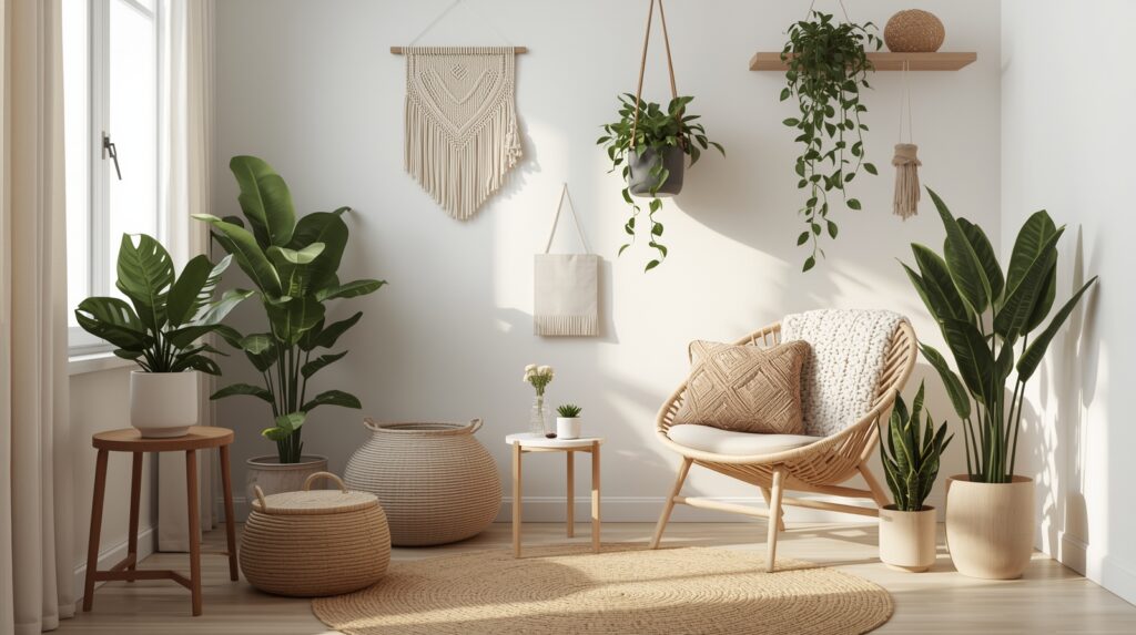 Boho reading nook with aglaonema, philodendron, pothos, and ZZ plant in woven baskets and hanging planters.