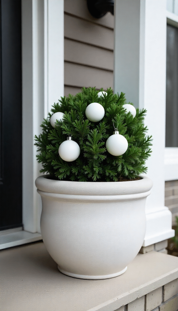 Simple white Christmas planter design using a single boxwood ball in a concrete pot for a clean, modern holiday look