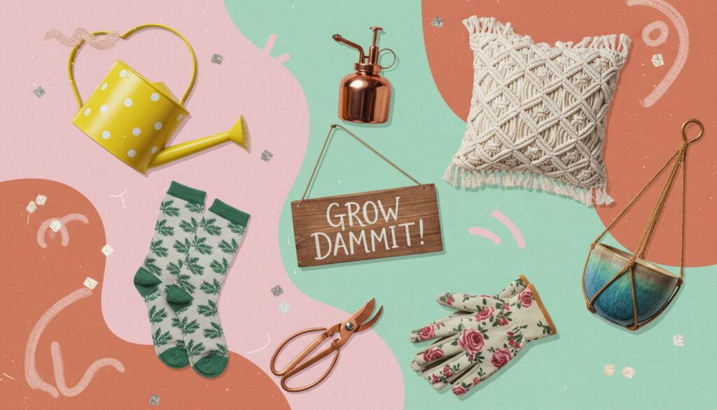 Flat-lay collage of colorful garden gifts including a watering can, plant socks, gloves, pruning shears, a rustic ‘Grow Dammit!’ sign, and a boho pillow, arranged on pastel backgrounds for a cheerful garden gift guide.