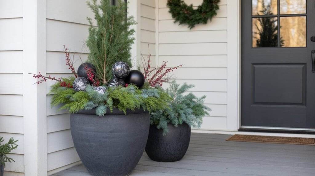 Elegant Black Christmas Porch Planters