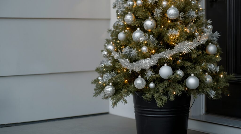 christmas tree black bucket silver ornaments