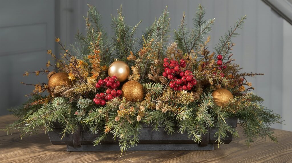 Christmas centerpiece-style planter with evergreens, gold ornaments, faux berries, and reused fall branches for holiday decor.