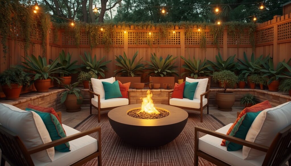 Chic Backyard Fire Pit Setup with White Outdoor Seating