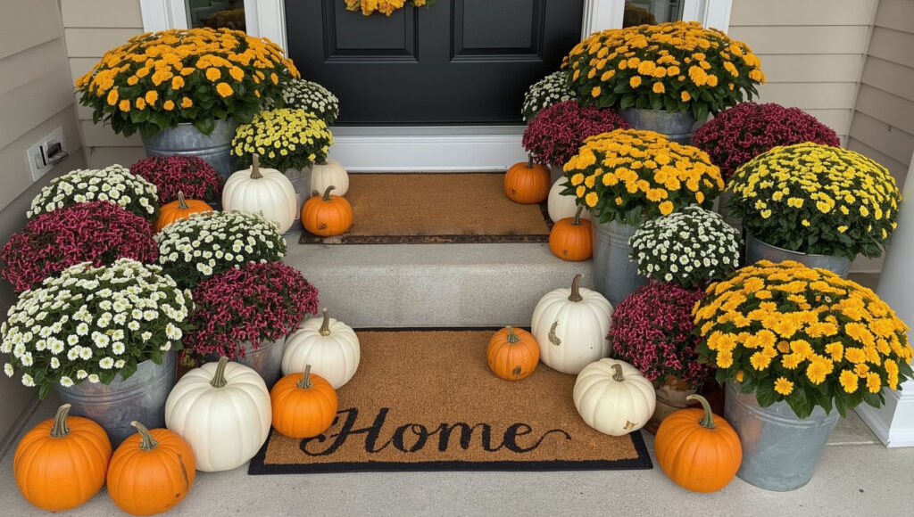 Colorful fall porch setup with pumpkins in orange, white, green, and yellow, mixed mums, galvanized buckets, wicker baskets, and layered rugs