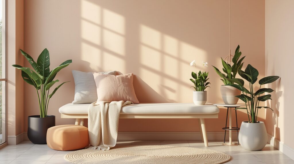 Boho reading nook with five low-maintenance houseplants, warm peach walls, and minimalist furniture.