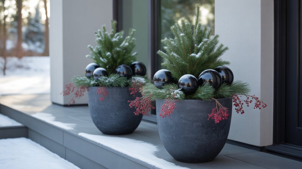 Modern Black Christmas Planters for a Sleek Porch