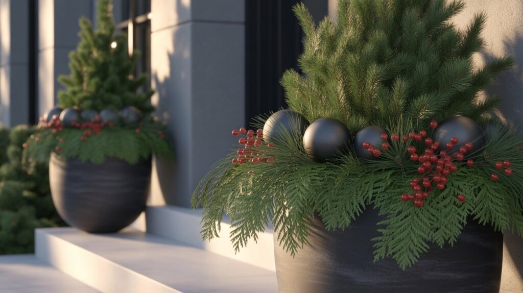 Contemporary Holiday Porch Planters in Black & Green
