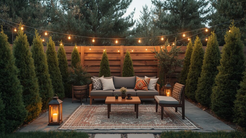 Small backyard with tall evergreen privacy hedges, warm string lights, modern outdoor sofa, woven lanterns, and a patterned outdoor rug creating a cozy lounge area.