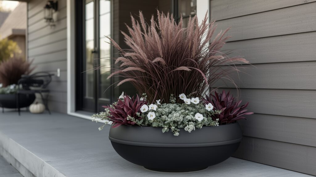 fall planter black pot fountain grass