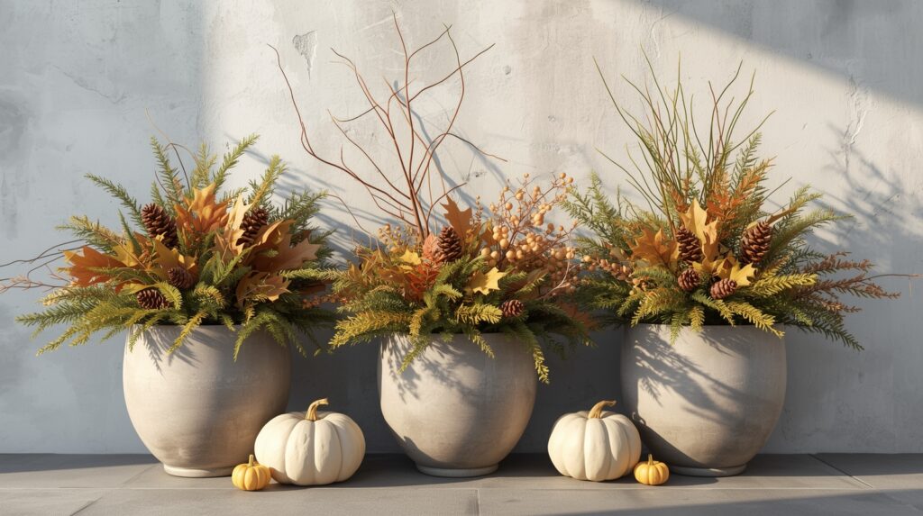 Three fall planters with greenery, branches, pinecones, and white pumpkins against a neutral wall.