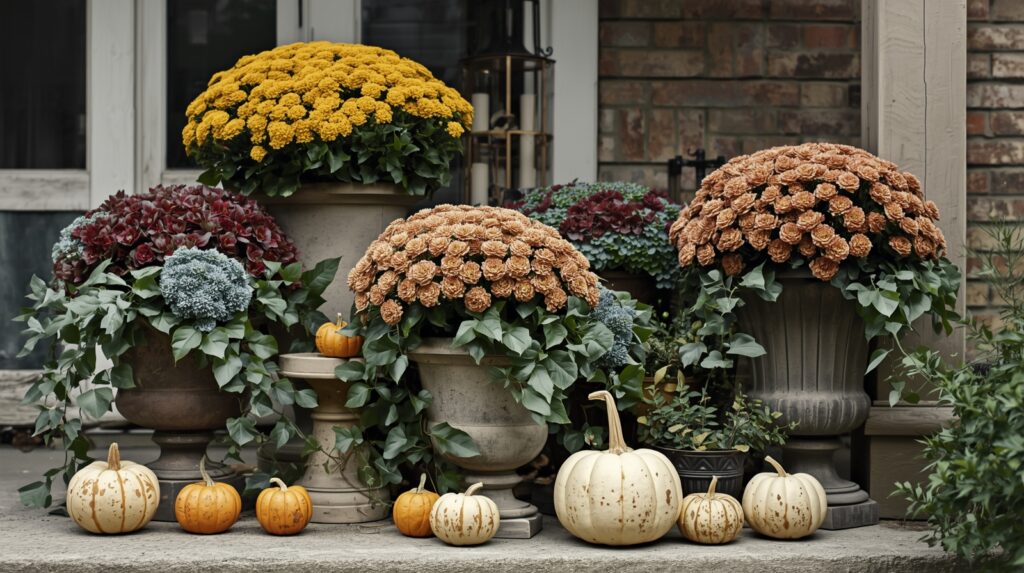 Layered fall planter display with large pots of mums, trailing ivy, ornamental kale, and assorted pumpkins on a front entryway