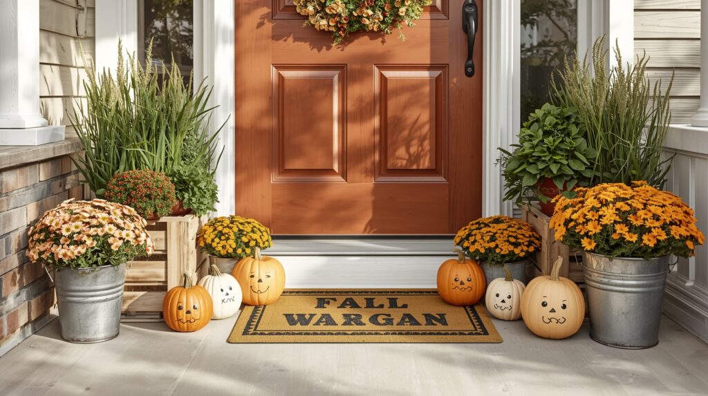 Cozy fall porch with galvanized bucket planters filled with mums, grasses, and small pumpkins arranged around an orange front door