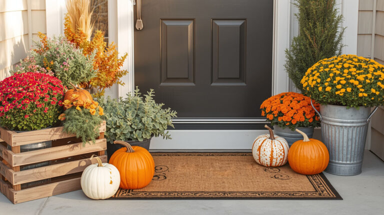 Warm fall porch decor with mums, pumpkins, a wooden crate planter, and autumn foliage arranged beside a modern black door