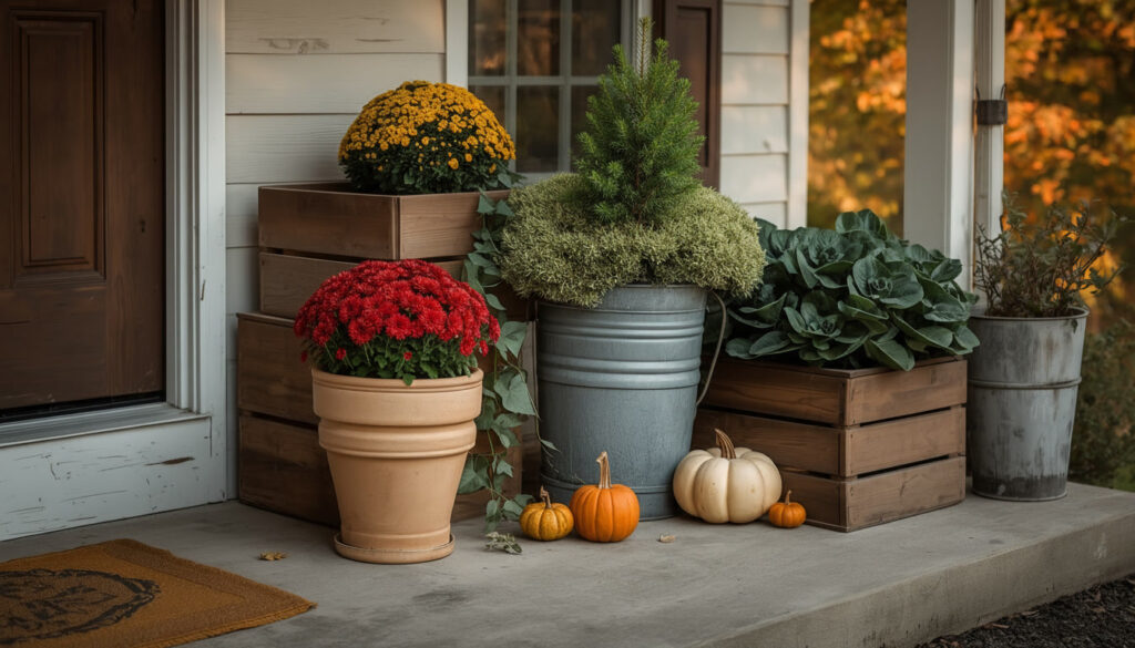Rustic DIY fall planters featuring mums, ornamental grasses, and pumpkins on a warm, welcoming front porch.
