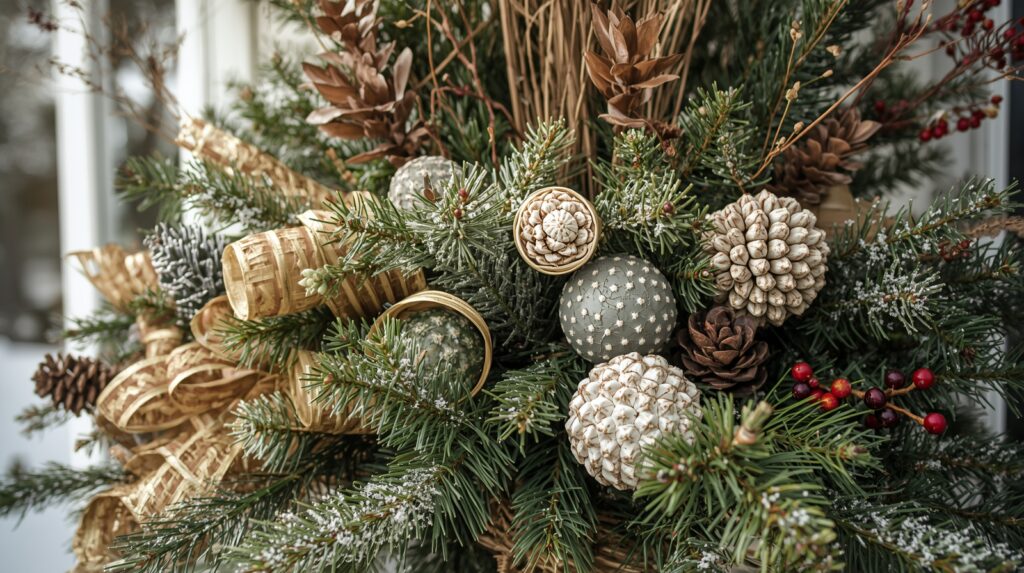 Close-up of a winter planter showing frosted greenery, pine cones, textured ornaments, and reused natural elements from fall decor.