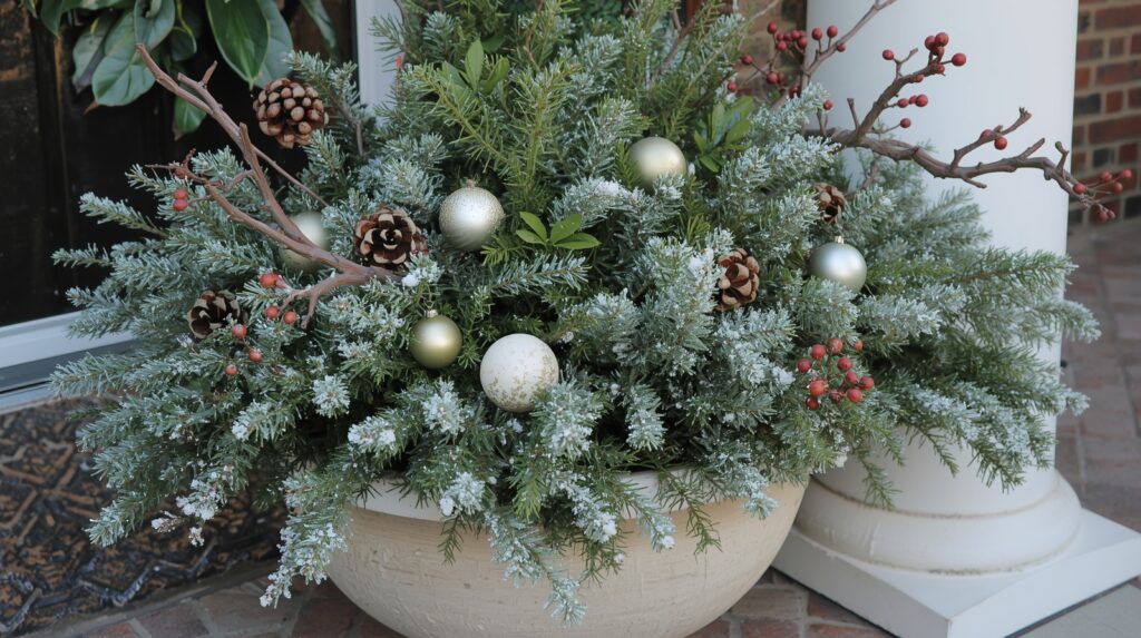 Large round winter planter with frosted evergreens, pine cones, ornaments, and repurposed branches accented with red berries.