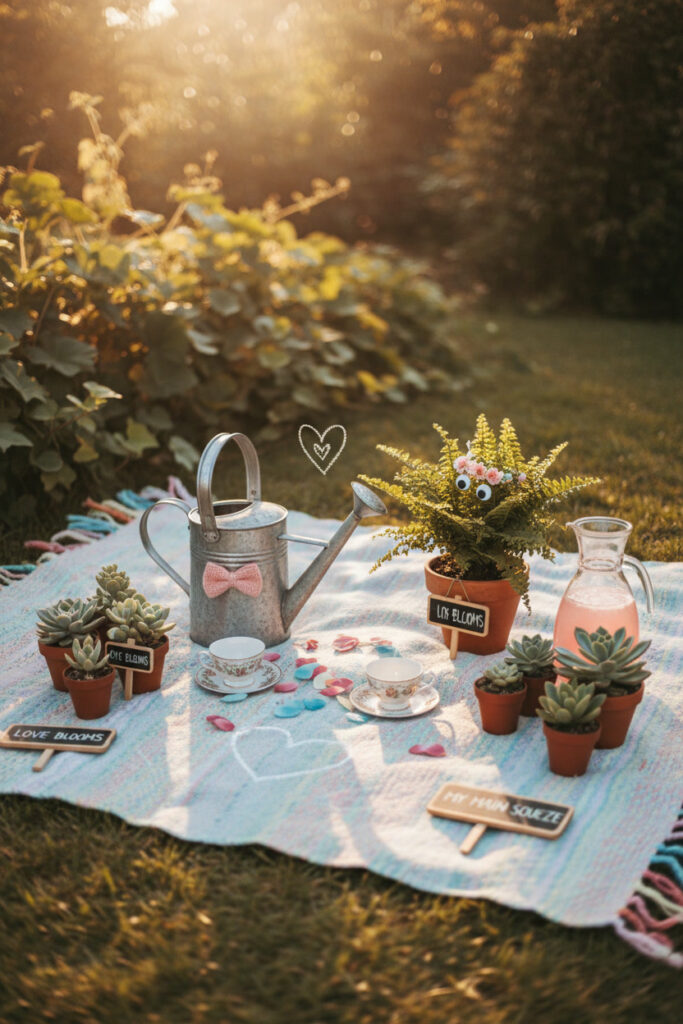 whimsical garden picnic scene with a blanket, soft sunlight, and a potted plant positioned as a playful picnic partner, creating a cheeky interpretation of a ‘garden lover’ moment