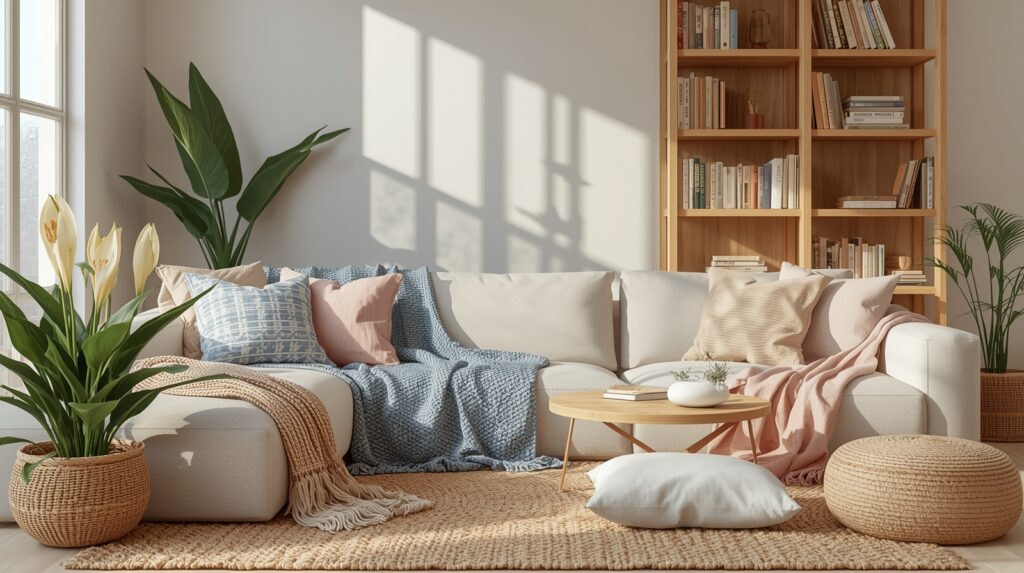 Sunlit living room featuring soft pastels, a woven rug, indoor greenery, and a comfortable neutral sofa.