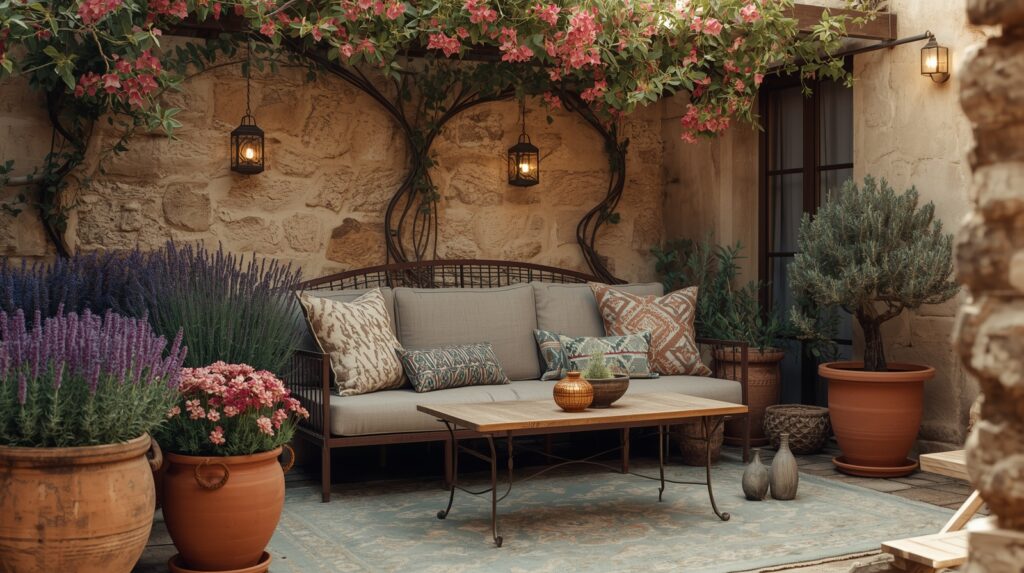 Mediterranean courtyard lounge with bougainvillea vines, aged terracotta pots filled with lavender and rosemary, stone walls, and a cozy outdoor sofa with patterned pillows.
