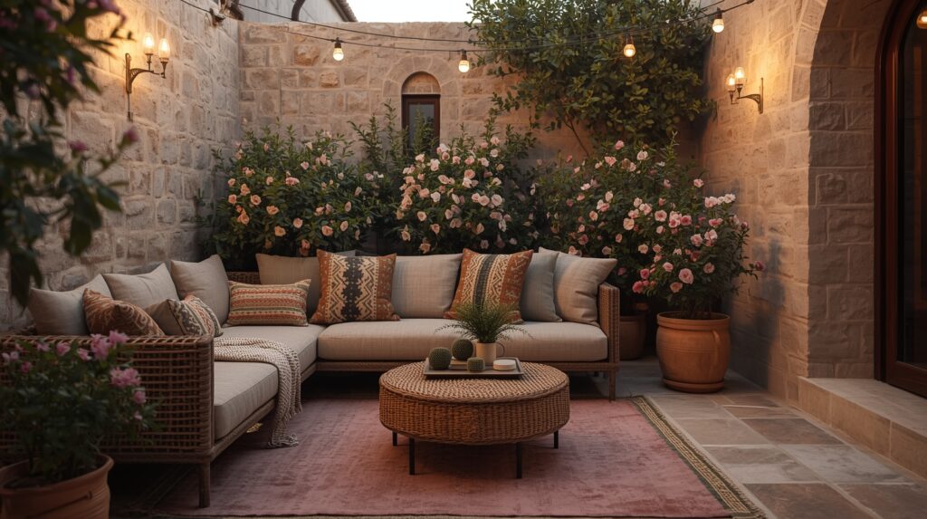 mediteranean outdoor seating gardenia dusty pink rug