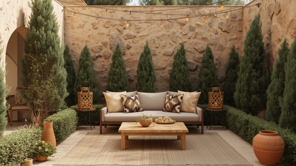 mediteranean outdoor seating gardenia dusty pink rug