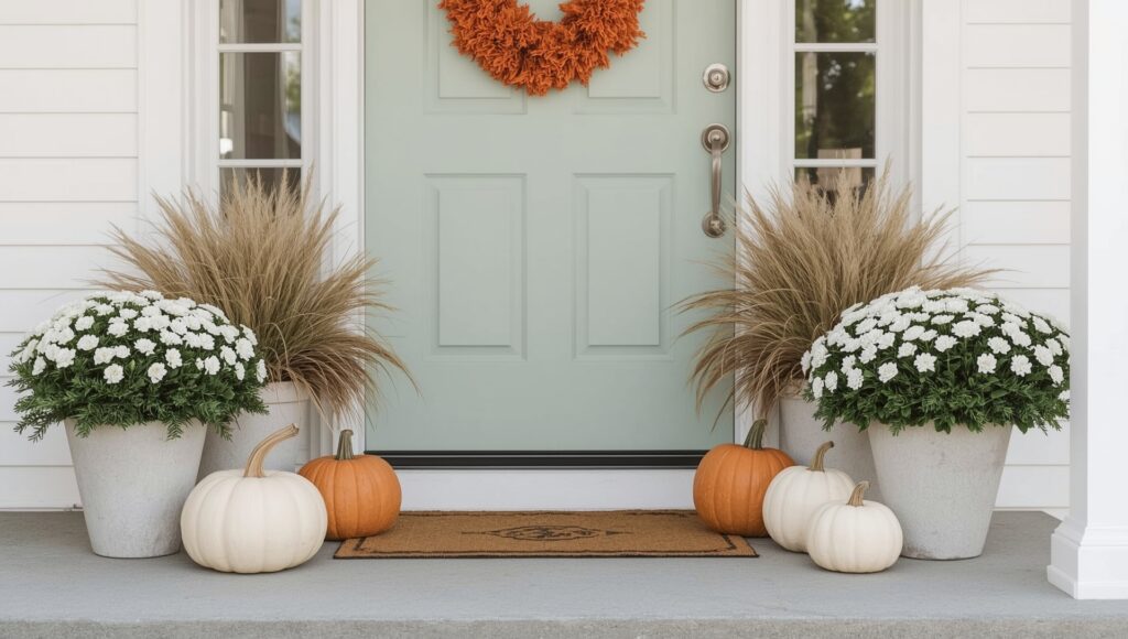Neutral fall porch featuring white and soft orange pumpkins, white mums, woven baskets, ceramic planters, and a clean farmhouse-style front door.