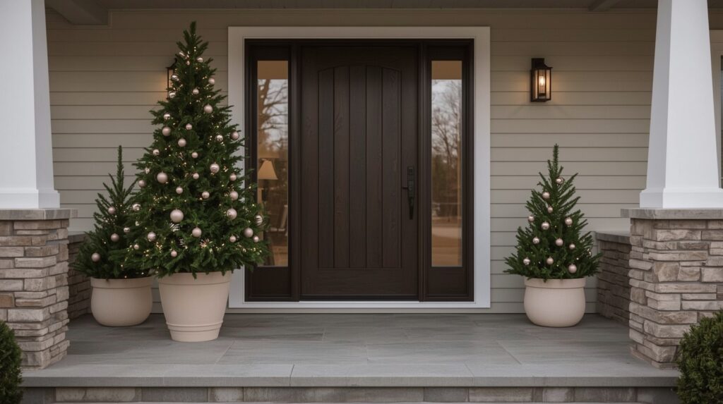 Outdoor holiday porch décor with natural evergreens arranged in neutral planters, accented with bright pink ornaments and subtle fairy lights for a fresh, modern Christmas style.