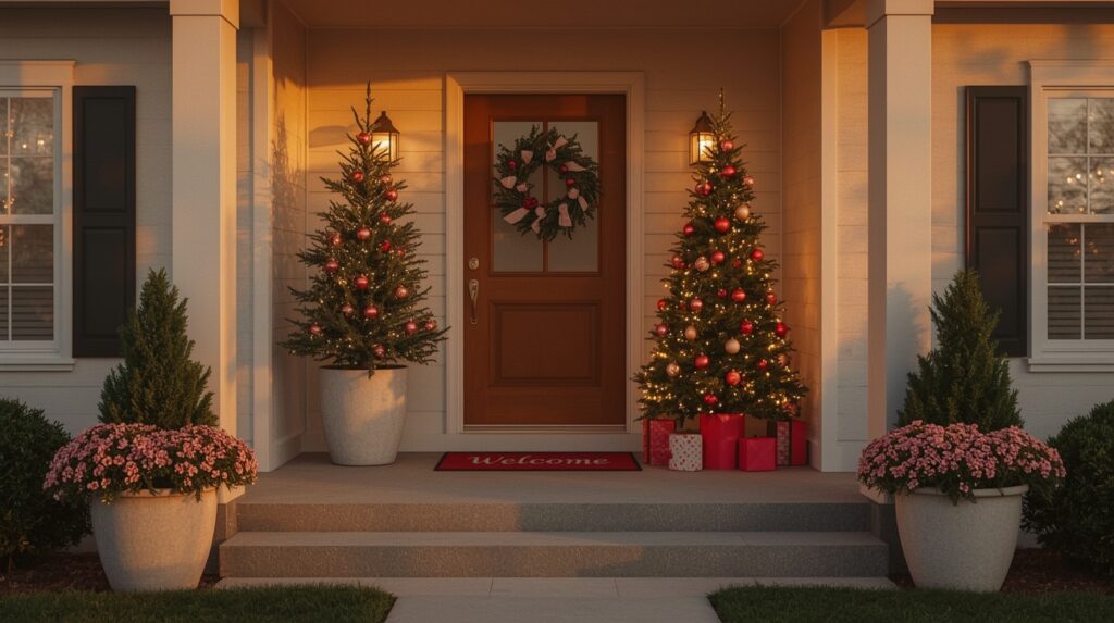 natural evergreen planters, blush-pink ornaments, and warm holiday lights for a modern pink Christmas porch