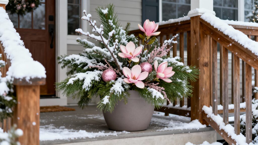 Front porch decorated with lush greenery, pink ornaments, magnolia flowers