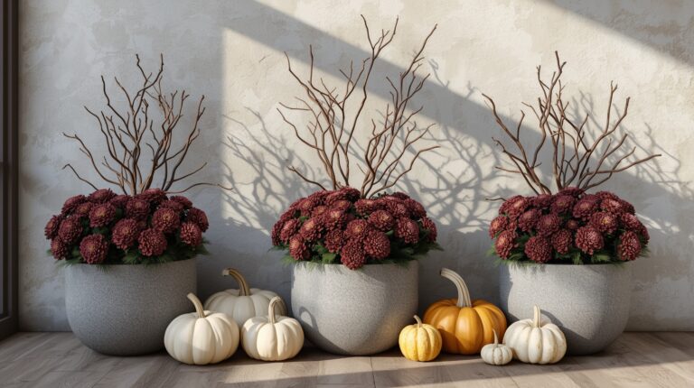concrete pots filled with deep red mums styled with white and yellow pumpkins.