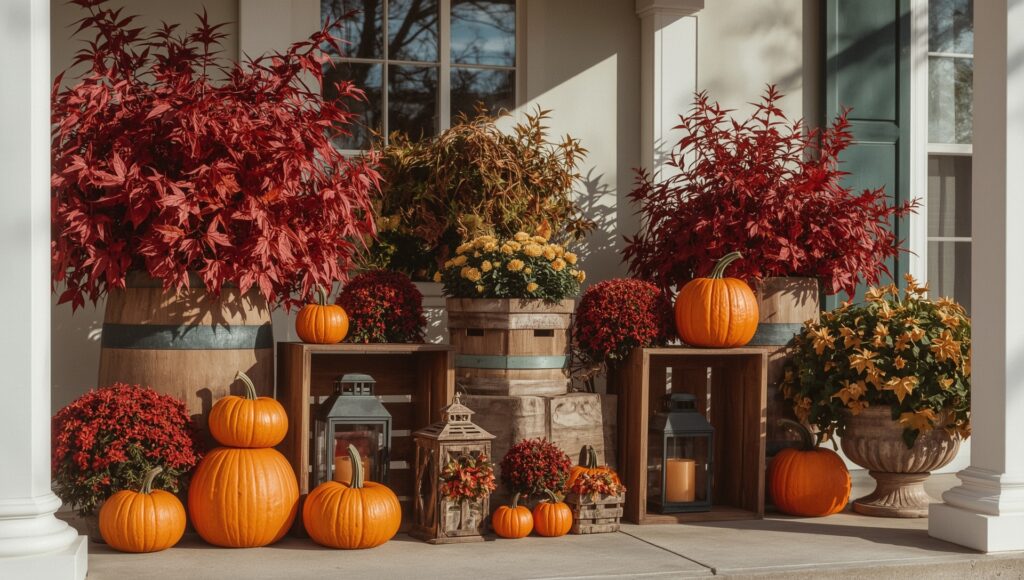 Warm fall porch display with orange and deep red pumpkins, burgundy mums, rustic wooden crates, and a cozy grapevine wreath on the front door