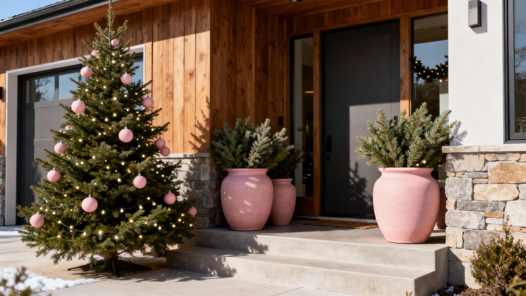 Front porch decorated for Christmas with evergreen porch trees, neutral ceramic planters, soft pink ornaments, and warm white lights for a modern, cheerful holiday look.