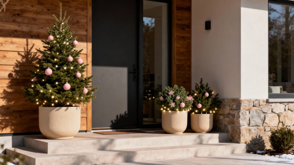 pink christmas porch decor with evergreen planters, blush ornaments, and warm holiday lights