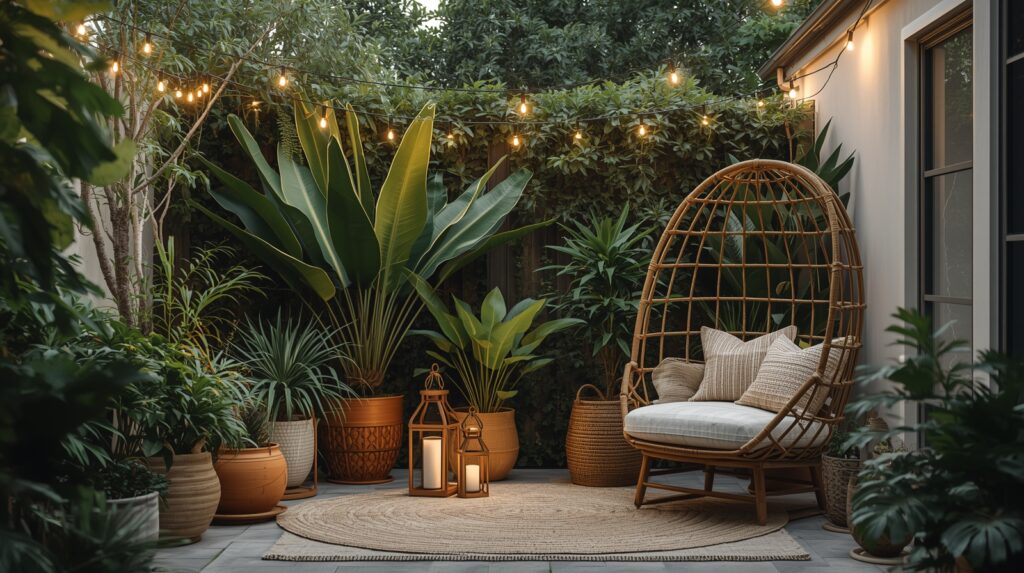 Boho-inspired garden nook with a woven egg chair, layered potted plants, lantern lighting, and a beige outdoor rug in a lush, intimate backyard corner.