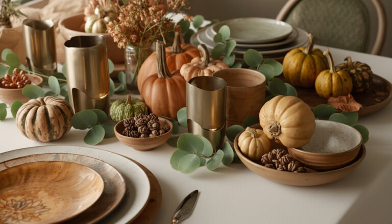 Neutral modern Thanksgiving table with small white and orange pumpkins, soft burlap textures, and simple beige plates.