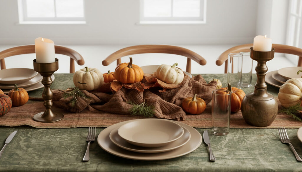 Neutral modern Thanksgiving table with small white and orange pumpkins, soft burlap textures, and simple beige plates.